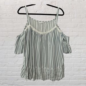 Maurices Blue White Embroidered Striped Crochet Trim Cold Shoulder V Neck Top 1X